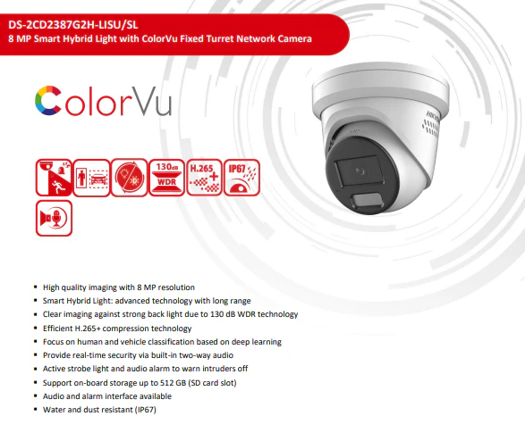 Hikvision DS-2CD2387G2H-LISU/SL4K 8MP PoE Fixed Turret IP Camera with Smart Hybrid Light, Color Night Vision, Human/Vehicle Detection, Built-in Mic and Speaker, Strobe Light and Audio Alarm