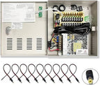 9 Port High Power Security CCTV Camera Access Control Power Distribution Box 12V DC 10 Amp PTC Protection, with 9 Pcs. DC Male Pigtail