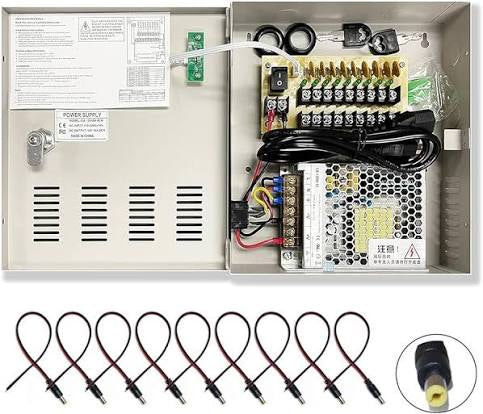 9 Port High Power Security CCTV Camera Access Control Power Distribution Box 12V DC 10 Amp PTC Protection, with 9 Pcs. DC Male Pigtail